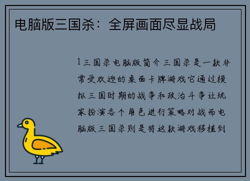电脑版三国杀：全屏画面尽显战局